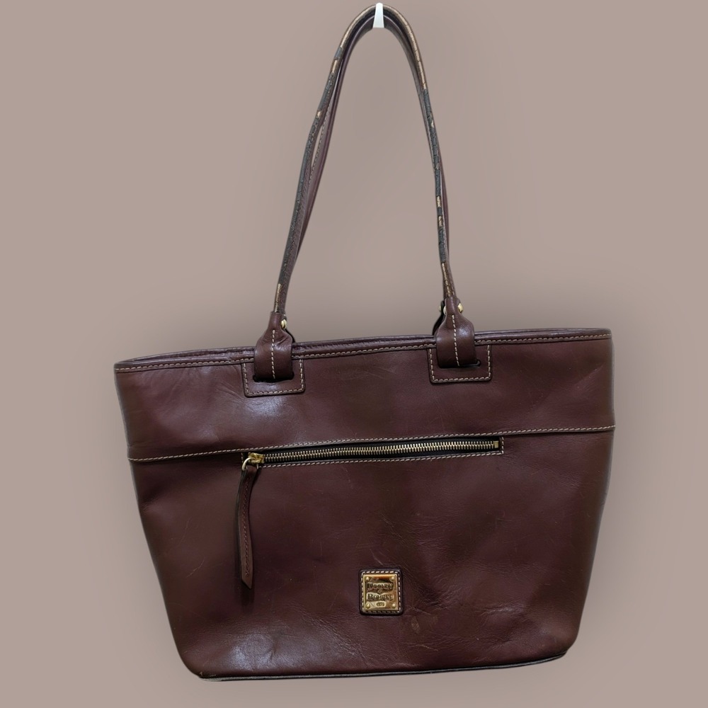 Dooney & Bourke Brown‎ Leather Tote Bag Shoulder Purse Gold Hardware Ticking